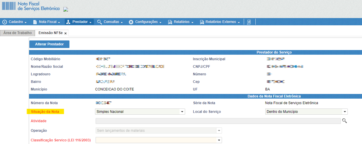Tela para consulta do Regime especial de tributação no rascunho da NFS-e no portal da prefeitura no padrão Ativ.