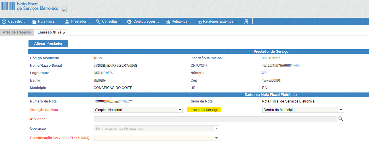 Tela para consulta da Natureza de operação no rascunho da NFS-e no portal da prefeitura no padrão Ativ.