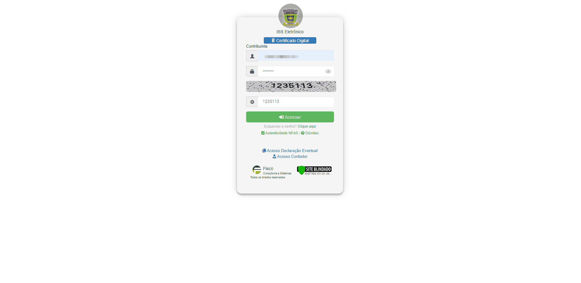 Tela de acesso ao portal da prefeitura no padrão Awatar WS.