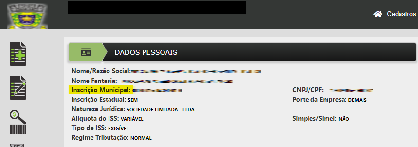 Tela para consulta da Inscrição Municipal nos Dados Pessoais do portal da prefeitura no padrão Awatar WS.