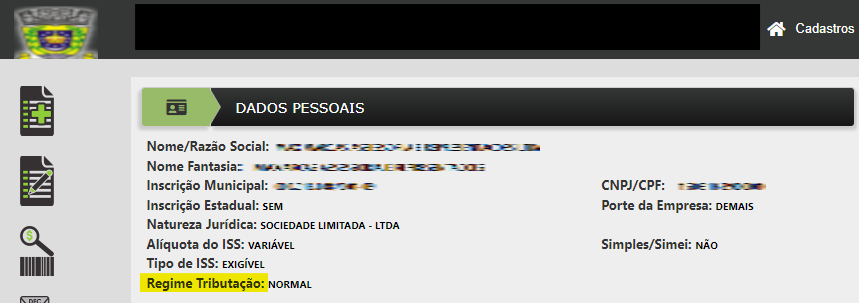 Tela para consulta do Regime especial de tributação nos Dados Pessoais do portal da prefeitura no padrão Awatar WS.