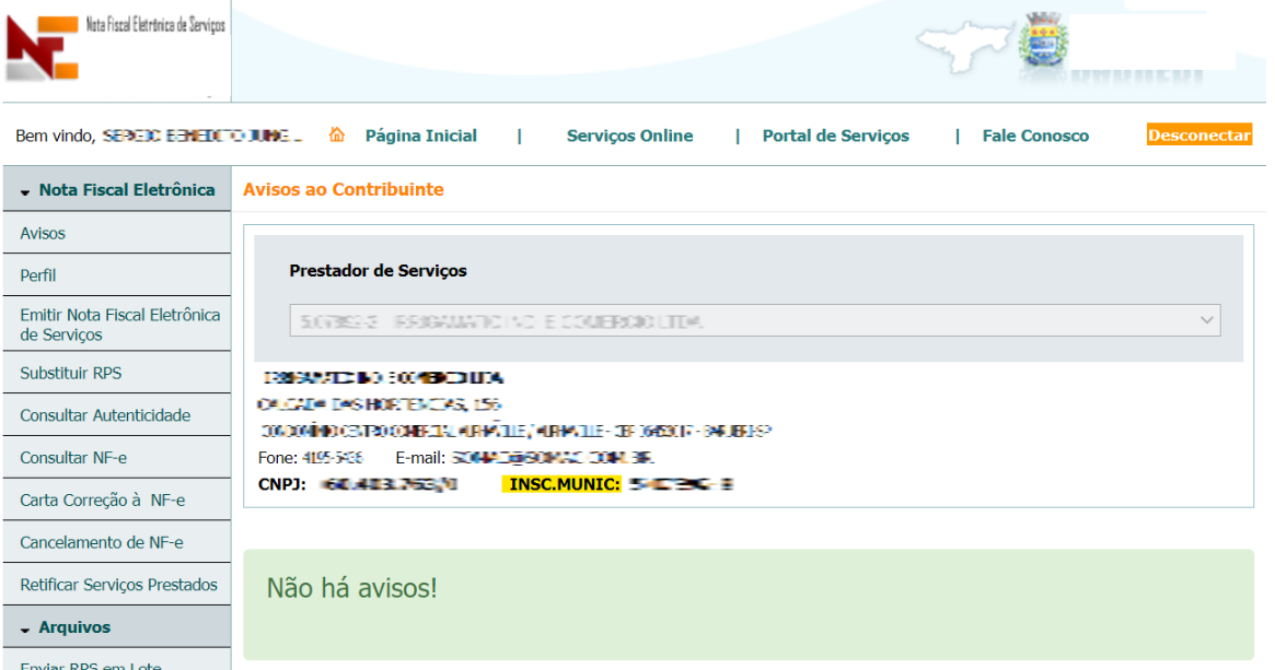 Tela para consulta da Inscrição Municipal na tela inicial do portal da prefeitura no padrão Barueri Offline.