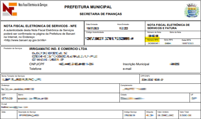 Tela para consulta do Número do RPS em nota fiscal emitida no portal da prefeitura no padrão Barueri Offline.