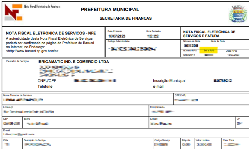 Tela para consulta da Série do RPS em nota fiscal emitida no portal da prefeitura no padrão Barueri Offline.