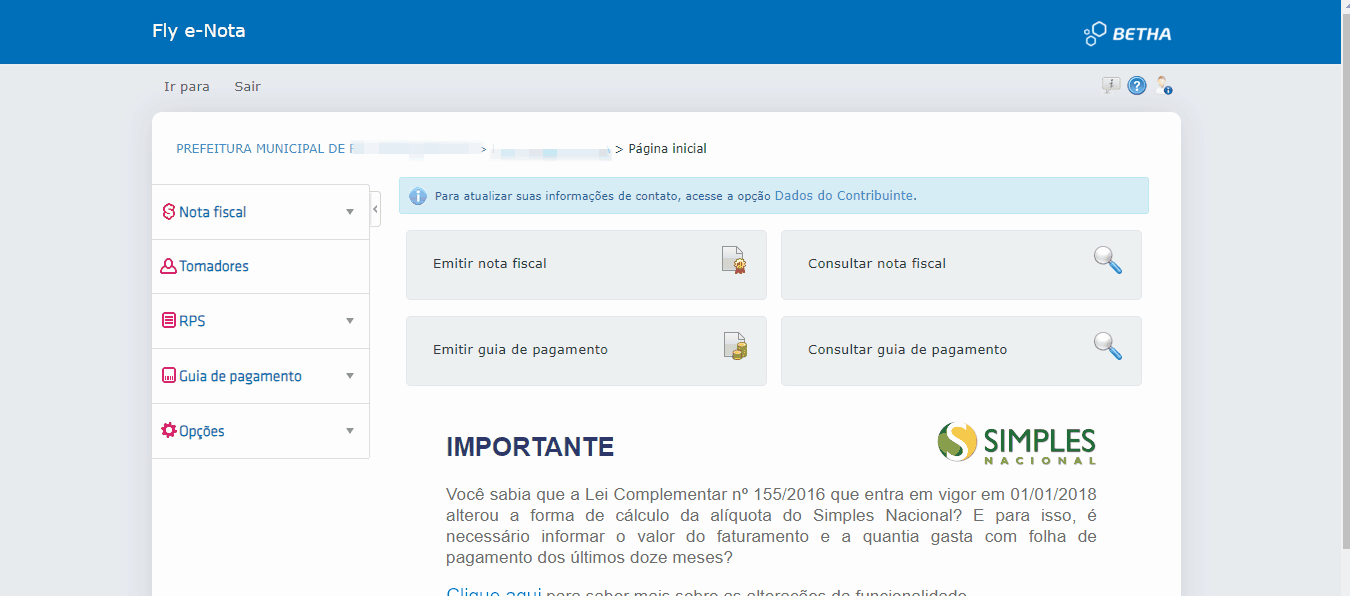 Tela de Autorização para impressão de RPS no padrão Betha 2.0.
