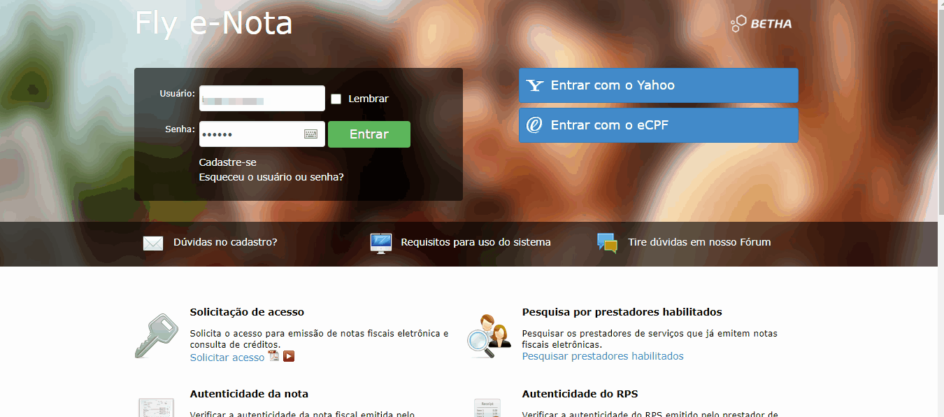 Tela de acesso ao portal Fly e-Nota no padrão Betha 2.0.