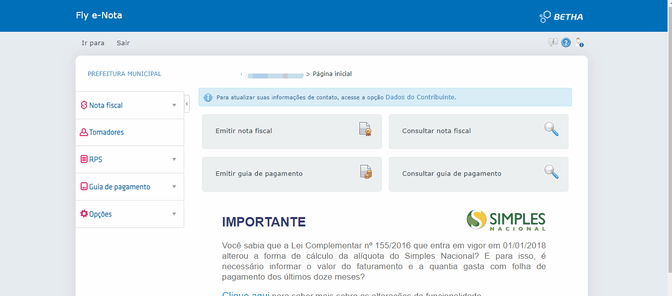 Tela para consulta da Inscrição Municipal via Dados do contribuinte no portal Betha 2.0.
