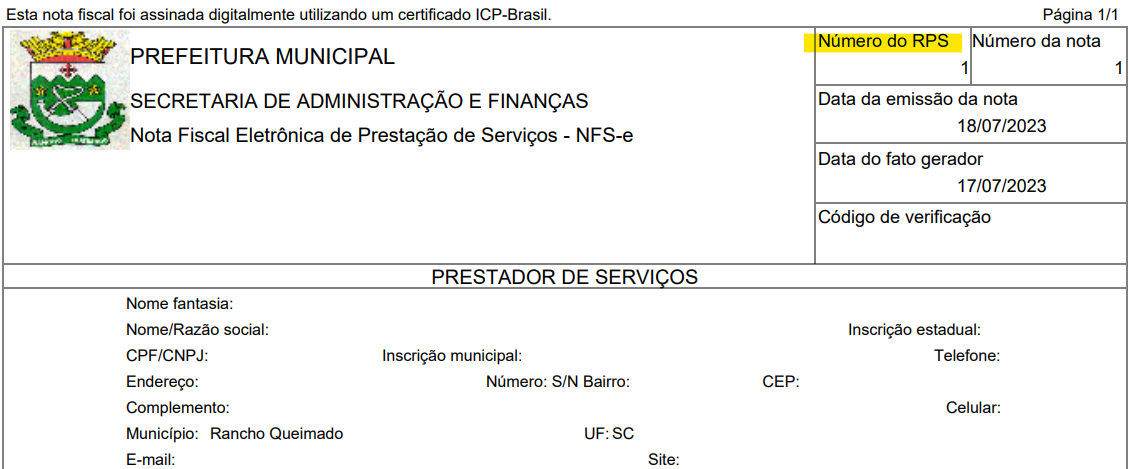 Cabeçalho do PDF da NFS-e com o Número do RPS no padrão Betha 2.0.