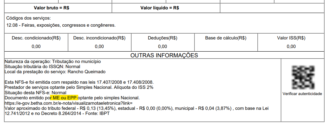 Tela para consulta do Regime especial de tributação no PDF da NFS-e no padrão Betha 2.0.