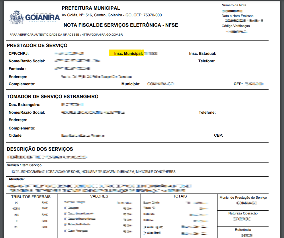 PDF da NFS-e com destaque para a Inscrição Municipal na seção Prestador de Serviço no padrão BSIT-BR.