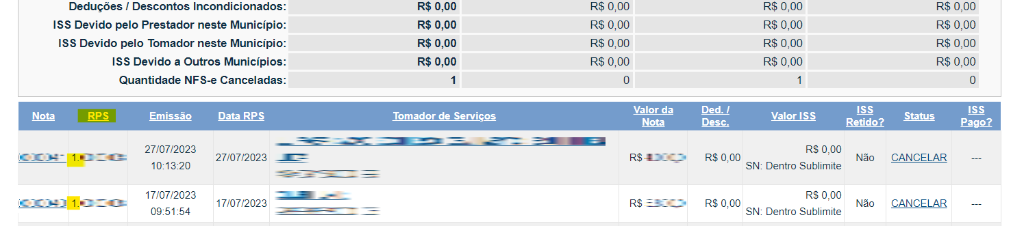 Tela para consulta da Série do RPS na coluna RPS/DPS da listagem de notas do portal Nota Carioca.