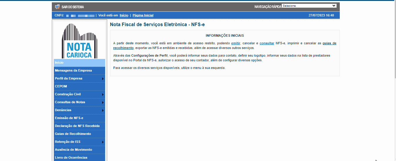 Passo a passo para consulta do Regime Especial de tributação no rascunho de NFS-e do portal Nota Carioca.
