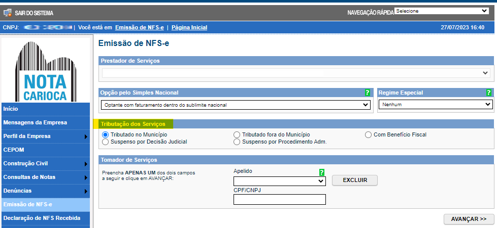Tela do rascunho de NFS-e no portal Nota Carioca com destaque para o campo Tributação dos Serviços.
