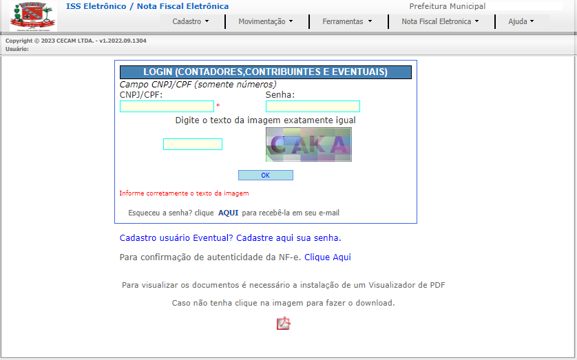 Tela de login no portal da prefeitura no padrão Cecam.