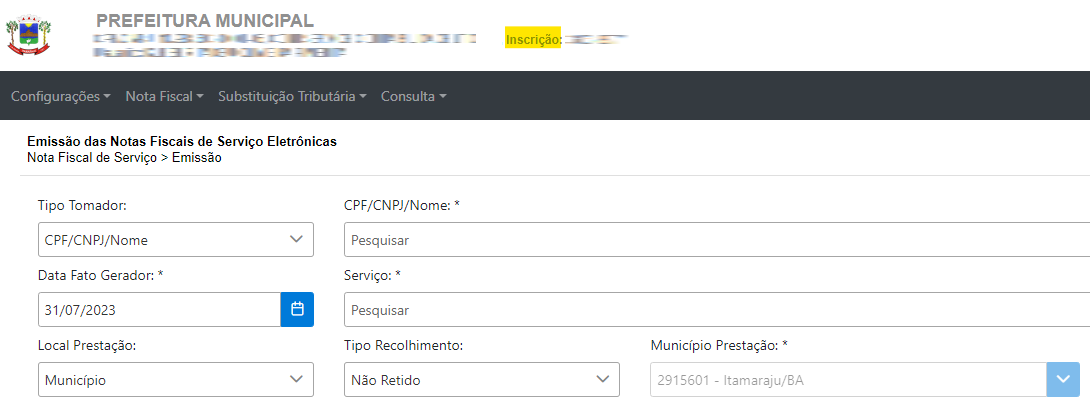 Inscrição Municipal exibida no cabeçalho da tela após login no portal Cloud.El.