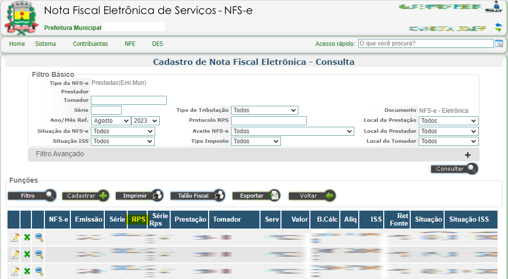 Tela da listagem de NFS-e com destaque para a coluna RPS no portal Conam.