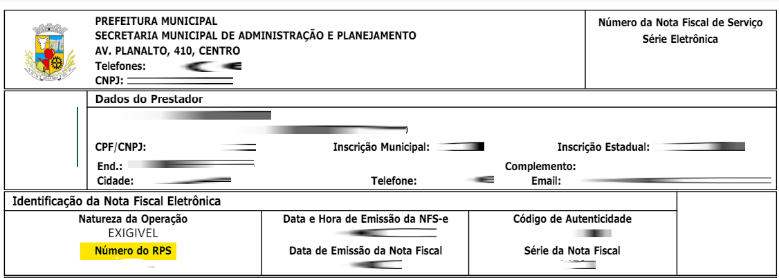 Tela de NFS-e emitida com destaque para o Número do RPS/DPS no portal Coplan.