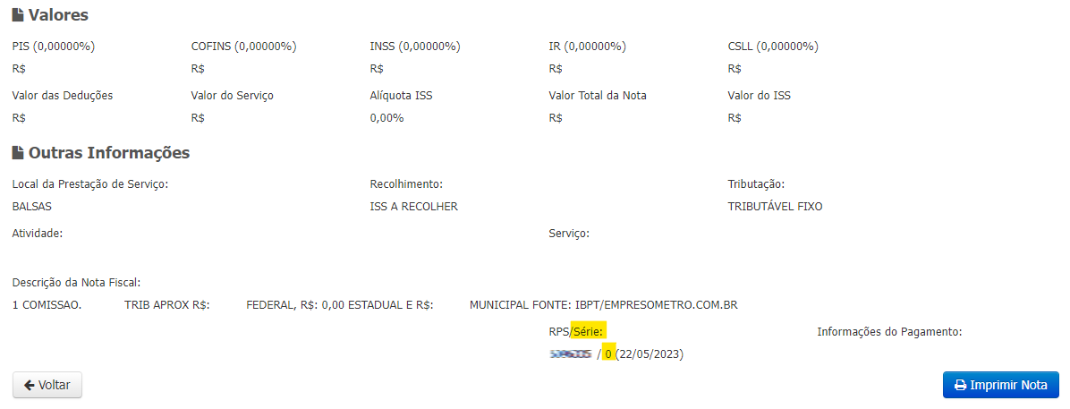 Tela de Outras Informações com destaque para o campo Série no portal D2Ti.