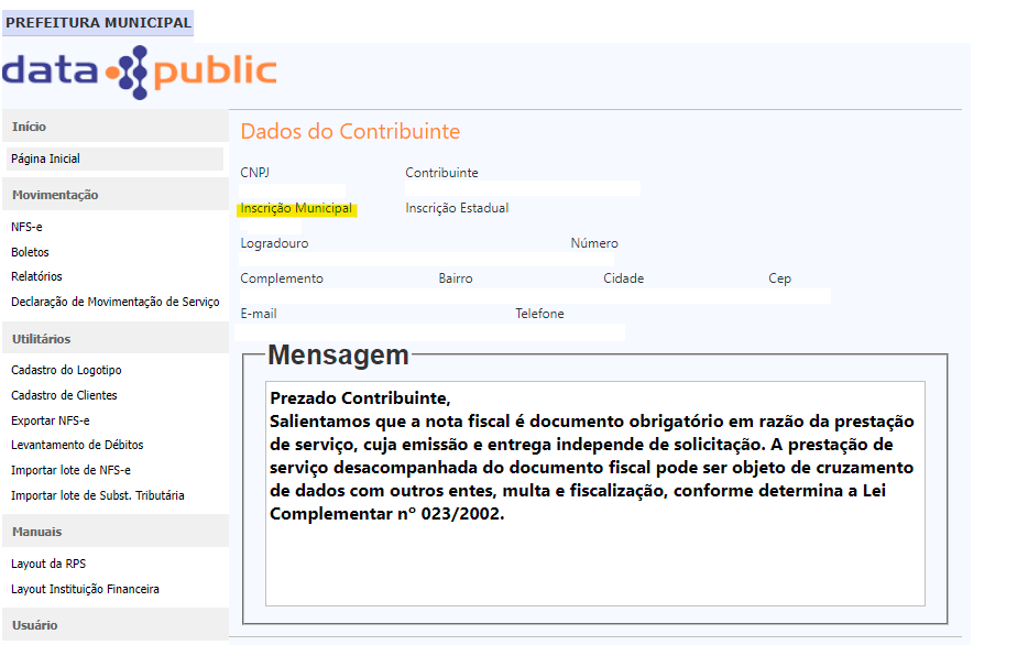 Tela de Dados do Contribuinte com destaque para a Inscrição Municipal no portal Data Public.