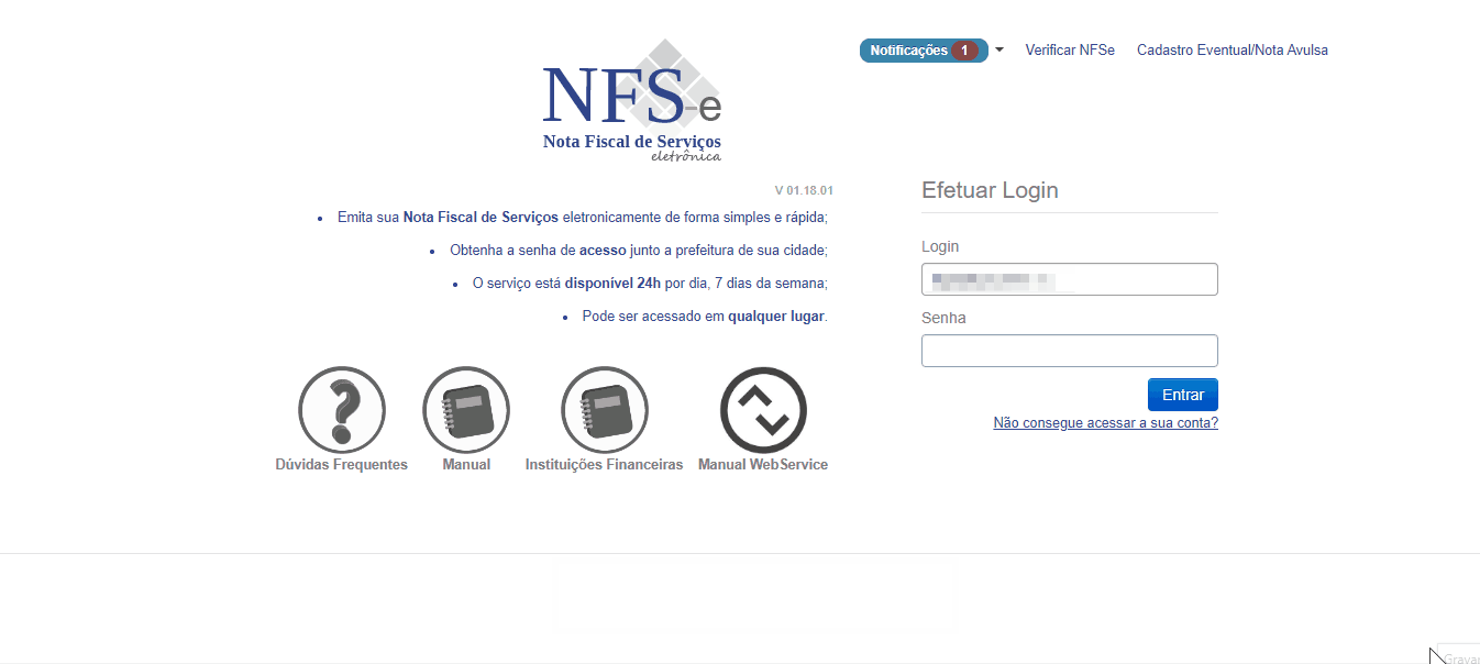 Tela de login no portal da prefeitura no padrão DB NFSe.