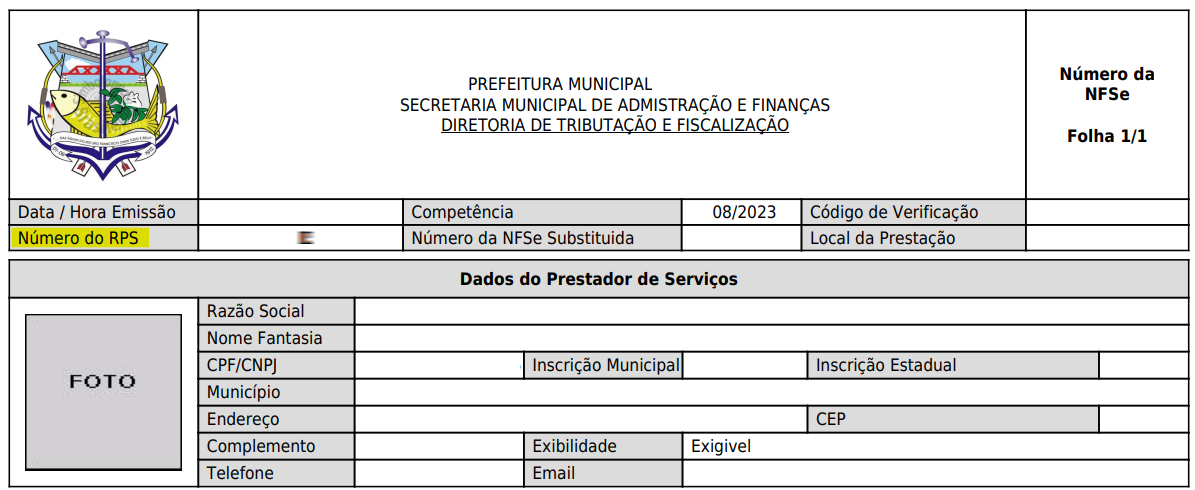 Tela da nota fiscal impressa com destaque para o campo Número de RPS/DPS no padrão DB NFSe.
