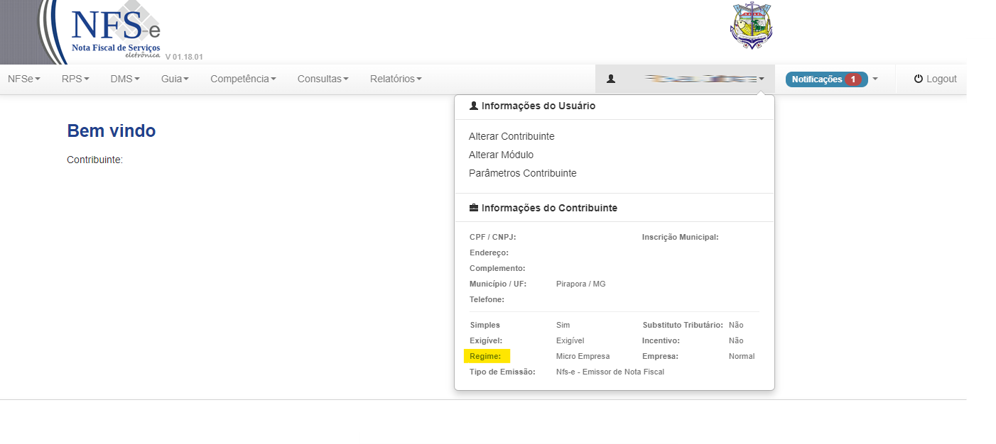 Tela de Informações do Contribuinte com destaque para o campo Regime no portal DB NFSe.