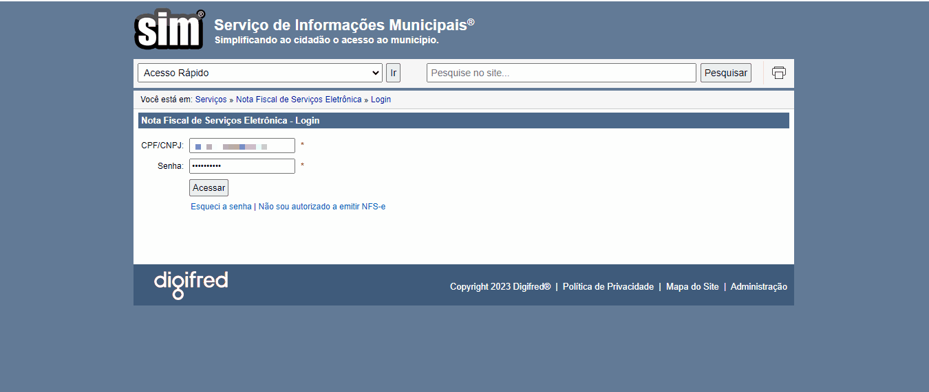 Tela de login no portal da prefeitura no padrão DigiFred.