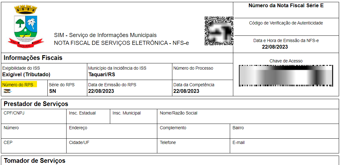 Tela da nota visualizada com destaque para o campo RPS no portal DigiFred.