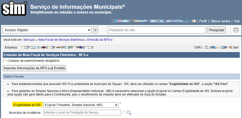 Tela do rascunho de NFS-e com destaque para o campo Exigibilidade do ISS no portal DigiFred.