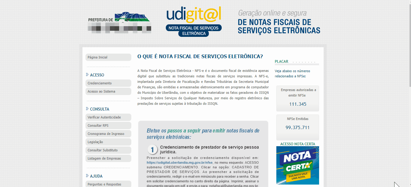 Tela de login no portal da prefeitura no padrão Dsfnet.