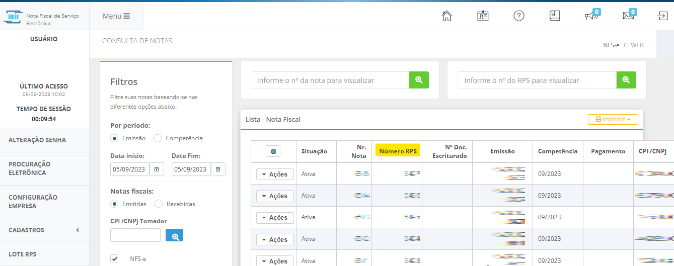 Tela da Lista de Nota Fiscal com destaque para a coluna Número RPS/DPS no portal Dsfnet Sorocaba.