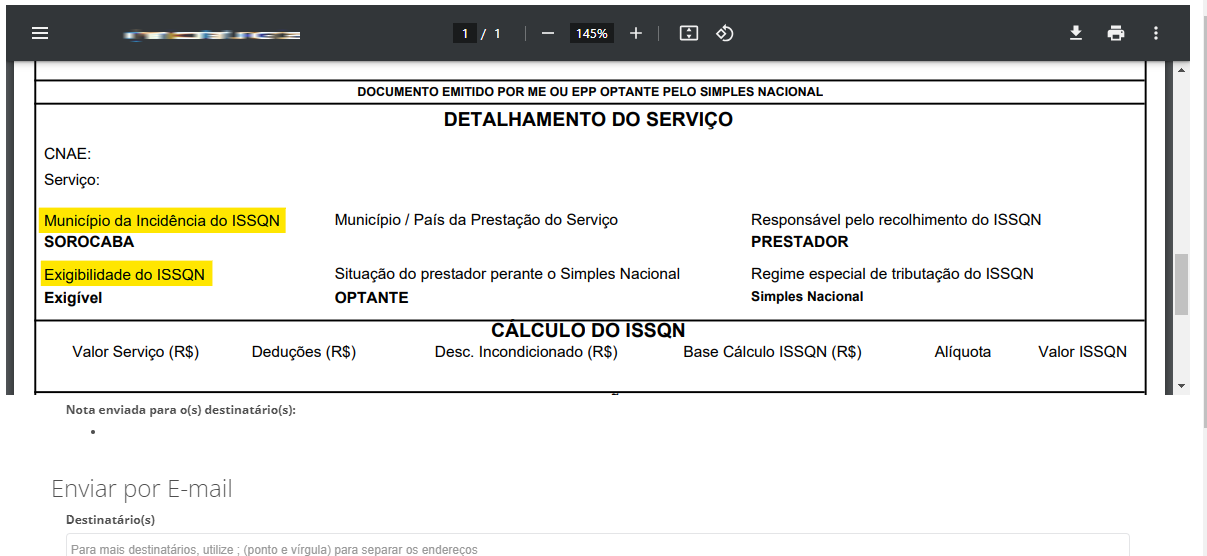 Tela de DETALHAMENTO DO SERVIÇO com destaque para Exigibilidade do ISSQN no portal Dsfnet Sorocaba.