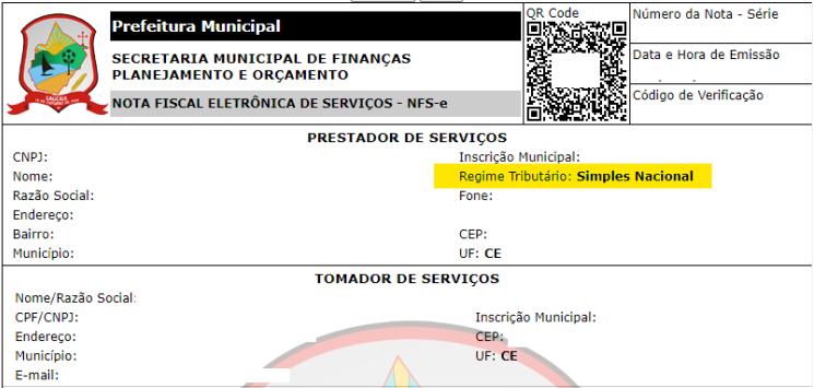 Tela da nota impressa com destaque para o Regime especial de tributação no portal e-Caucaia.