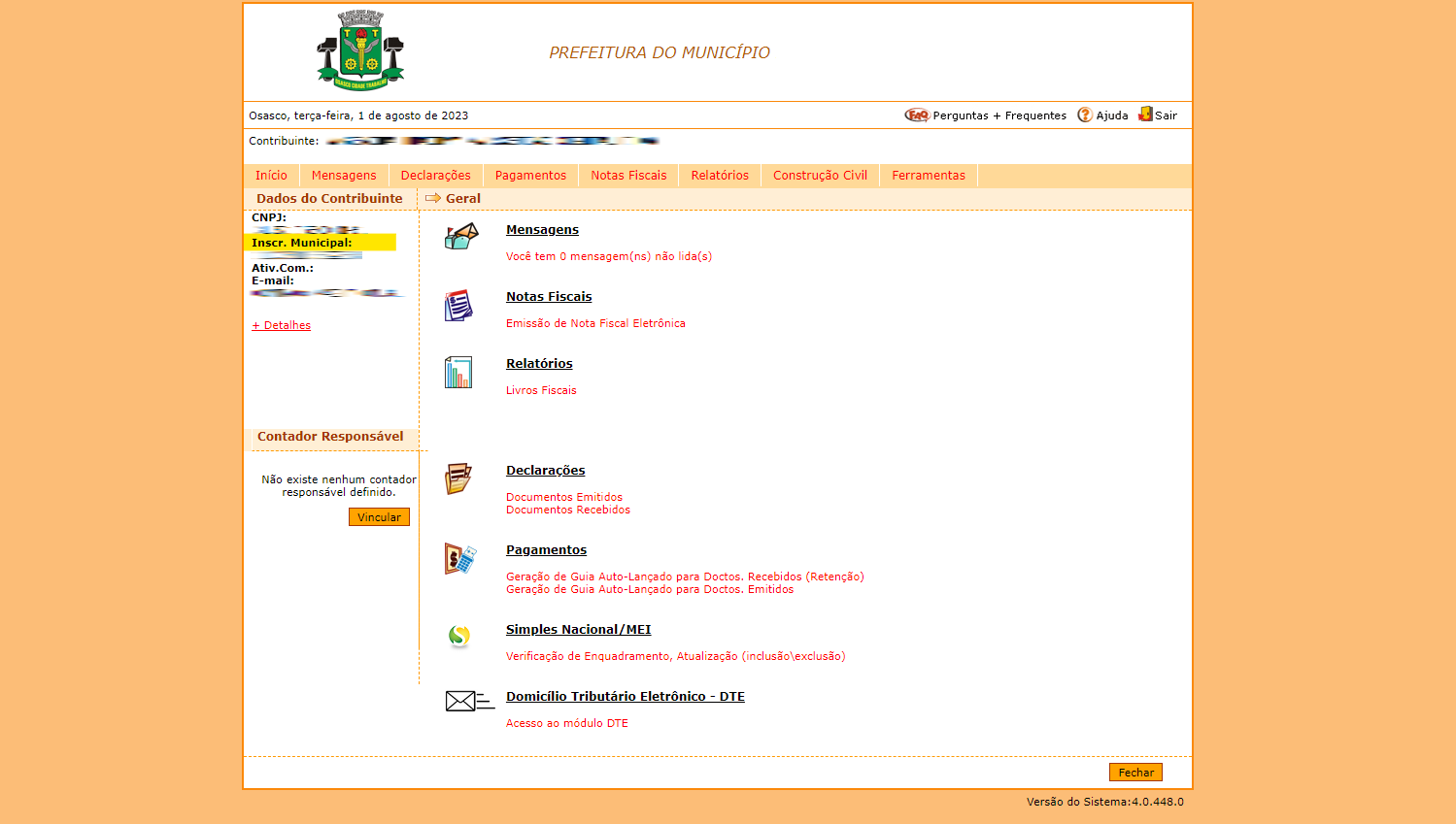 Tela inicial do portal e-Governe com destaque para a Inscrição Municipal no canto superior esquerdo.