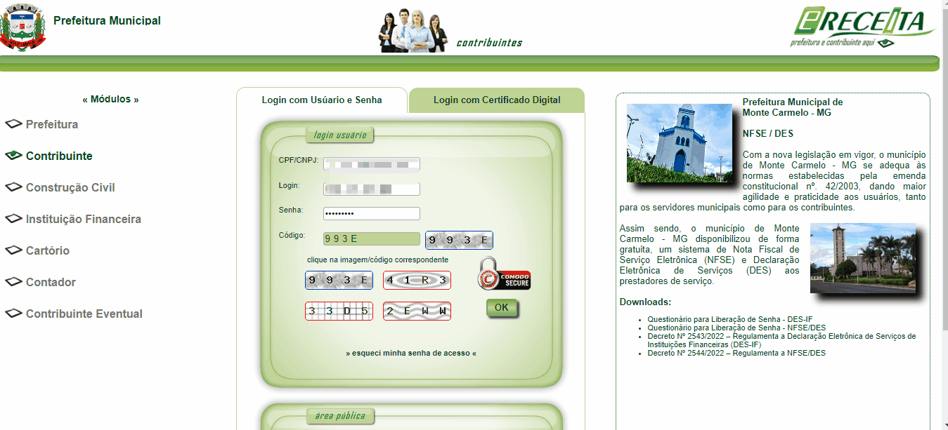 Tela de acesso ao portal da prefeitura no padrão e-Receita.
