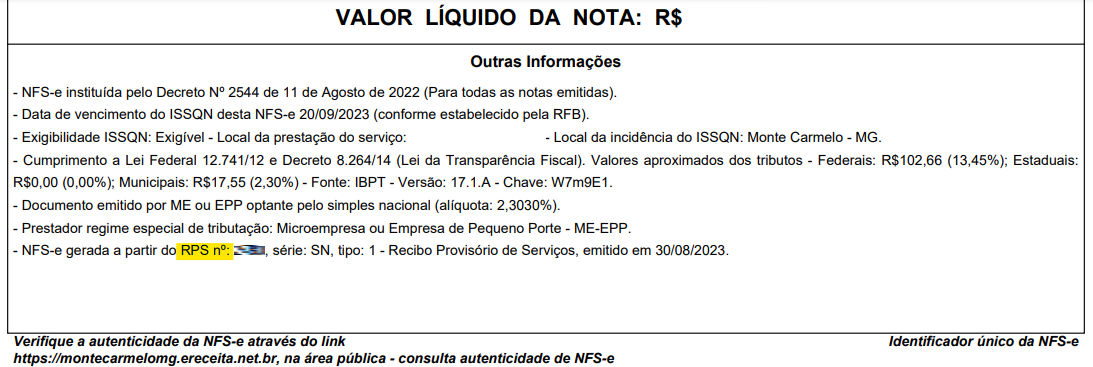 Tela de Outras Informações com destaque para o campo RPS/DPS no portal e-Receita.