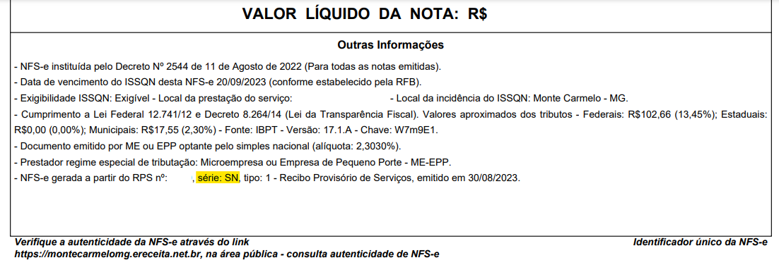 Tela de Outras Informações com destaque para o campo Série no portal e-Receita.