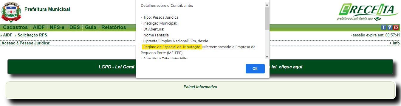 Tela com campo Regime Especial de Tributação exibido após clicar em + info no portal e-Receita.