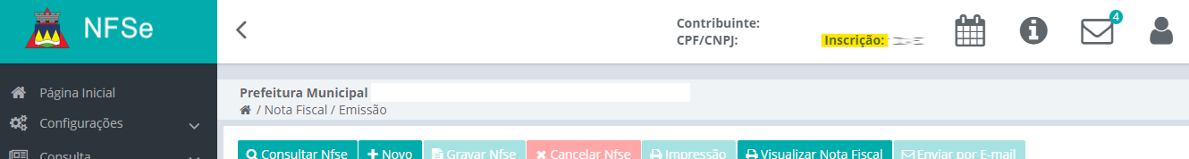 Cabeçalho da tela do portal E&L com destaque para a Inscrição Municipal.