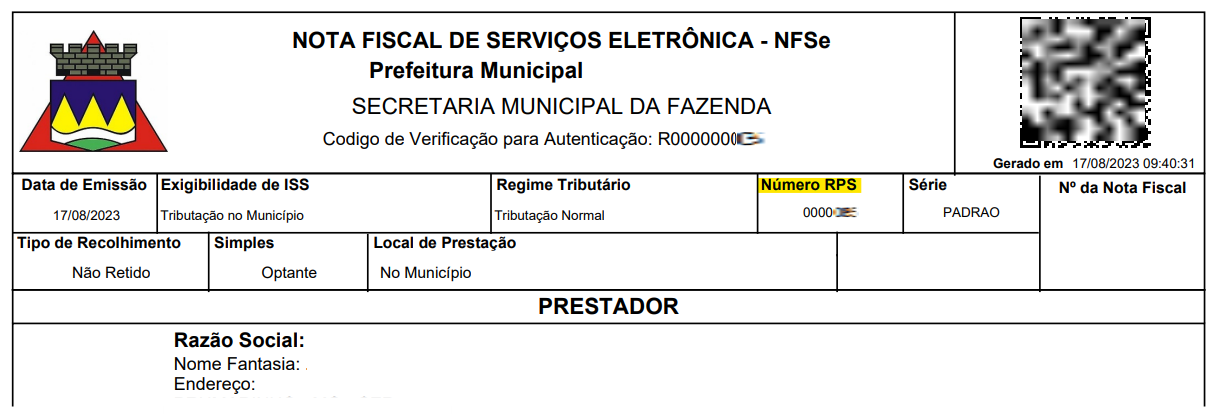 Tela da nota fiscal impressa com destaque para o campo Número RPS/DPS no portal E&L.