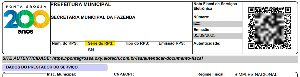 Tela do PDF da NFS-e com destaque para o campo Série do RPS/DPS no portal Elotech.