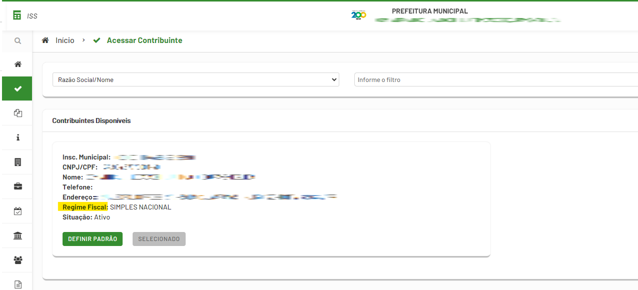 Tela de Acessar Contribuinte com destaque para o campo Regime Fiscal no portal Elotech.