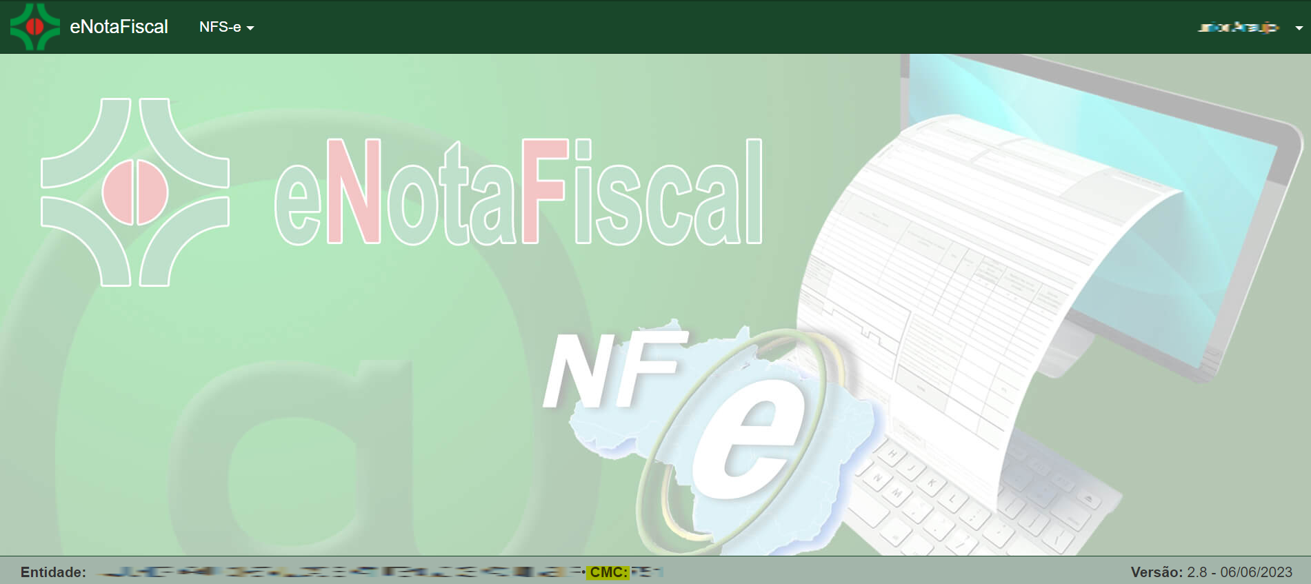 Tela inicial do portal eNotaFiscal com destaque para o campo CMC (Inscrição Municipal).