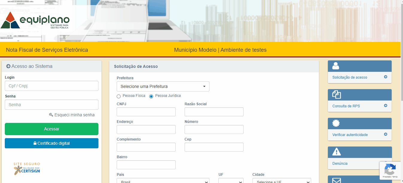 Tela de solicitação de acesso para homologação no site da Equiplano.