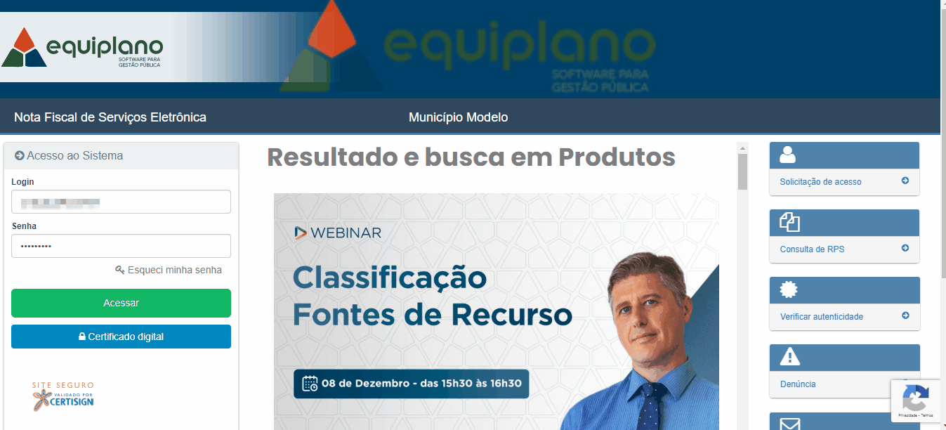 Tela de login no portal da prefeitura no padrão Equiplano.