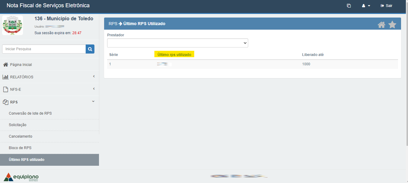 Tela de Último RPS/DPS Utilizado com destaque para o campo Último rps utilizado no portal Equiplano.