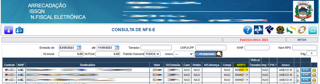Tela de Consulta de NFS-e com destaque para a coluna N/RPS/DPS no padrão FGMaiss.