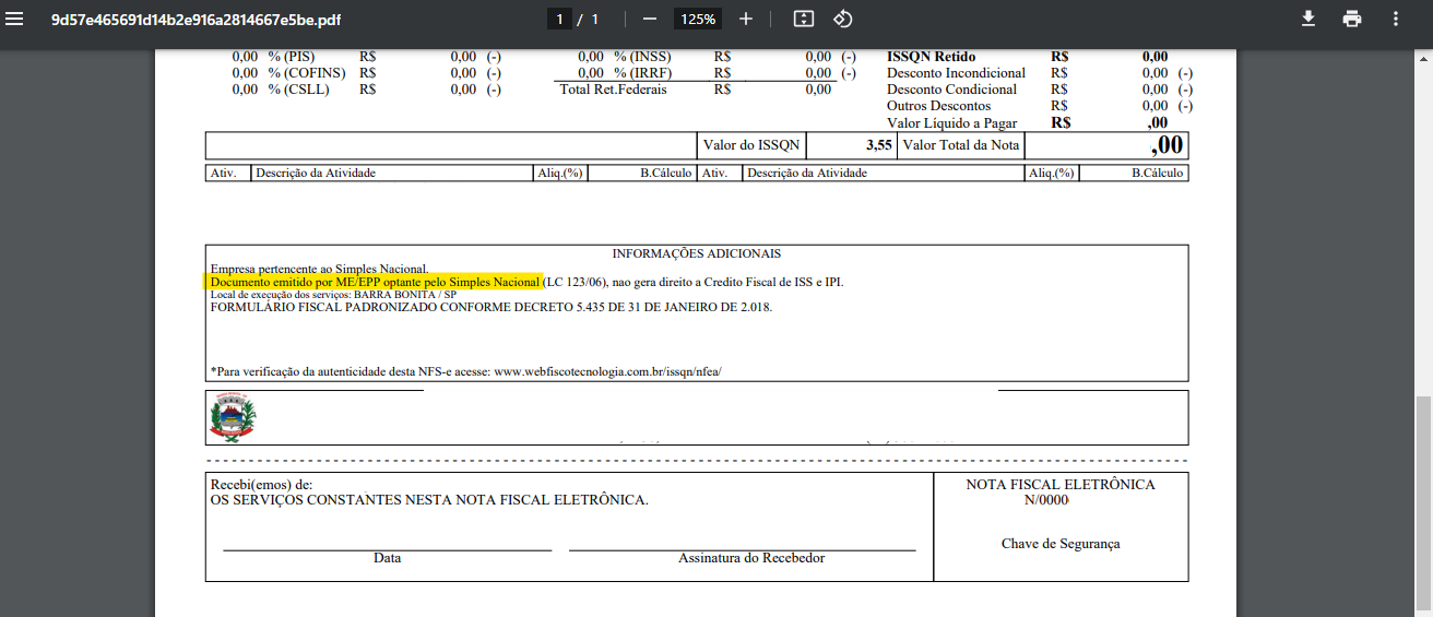 PDF da nota fiscal com destaque para o Regime Especial de Tributação em Informações Adicionais no padrão FGMaiss.