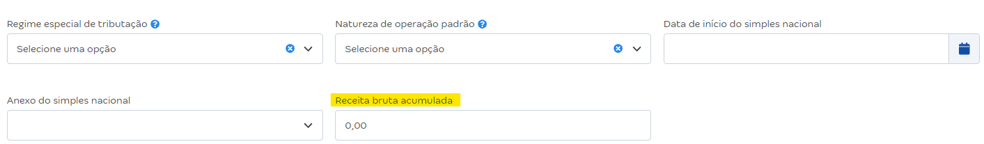 Tela de Configurações de notas fiscais com destaque para o campo Receita bruta acumulada