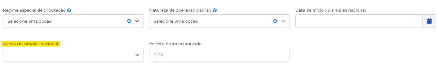 Tela de Configurações de notas fiscais com destaque para o campo Anexo do Simples Nacional